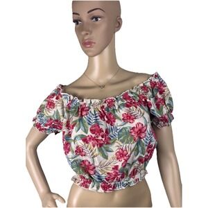American Eagle Shirt‎ Womens Sz S Ivory Red Floral Crop Top Peasant Ruffle